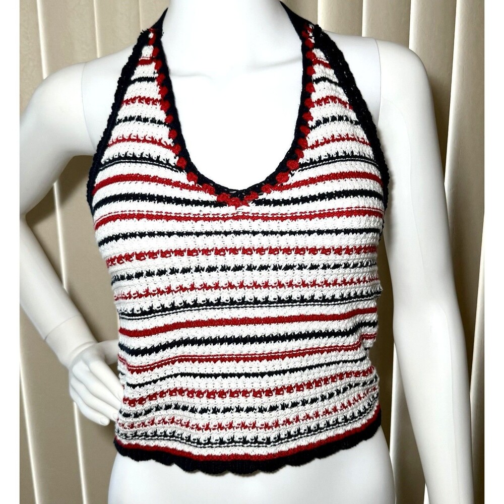 NWT Moon & Madison Crochet Halter Crop Top M Red White Blue Cotton